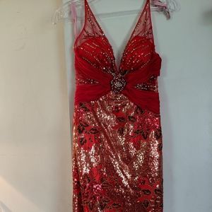 Red and Gold Beaded Sequin Formal Gown Dress